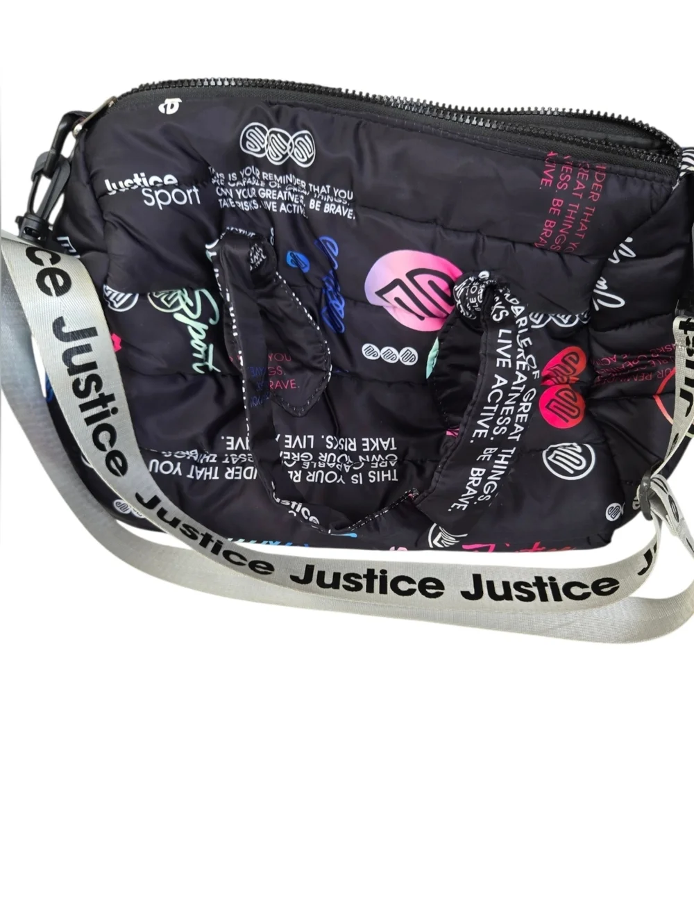 Justice Sport Puffer Shoulder Bag Black Multicolor Logo | Y2K Trendy Crossbody T